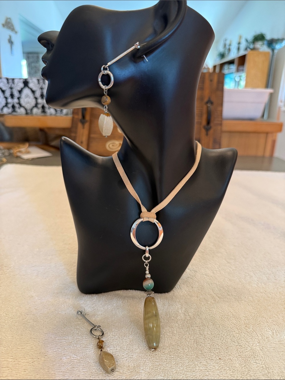 Boho Stone Pendant Necklace and Coordinating Drop Earrings